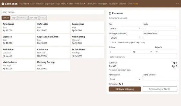 Cafe & Restaurant App — Cashier with menu categories, tables & loyalty points