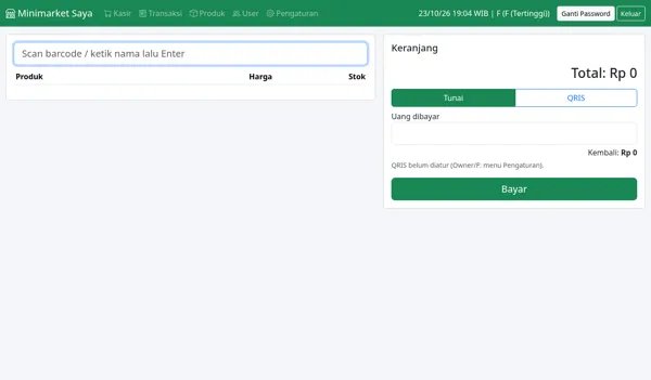 Minimarket POS — Barcode scanning cashier with cash & QRIS