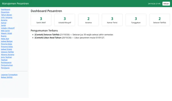 Islamic Boarding School App — Santri, dorms, tahfidz & SPP billing