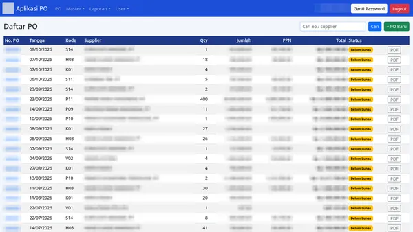 Purchase Order app — PO list